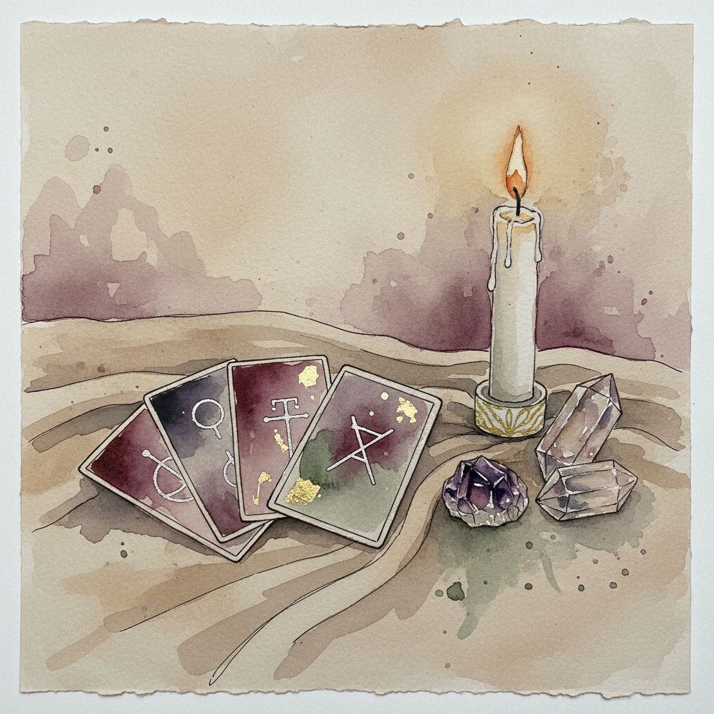 ציור דיו ואקוורל: נר דולק, קלפי טארוט ואבנים
